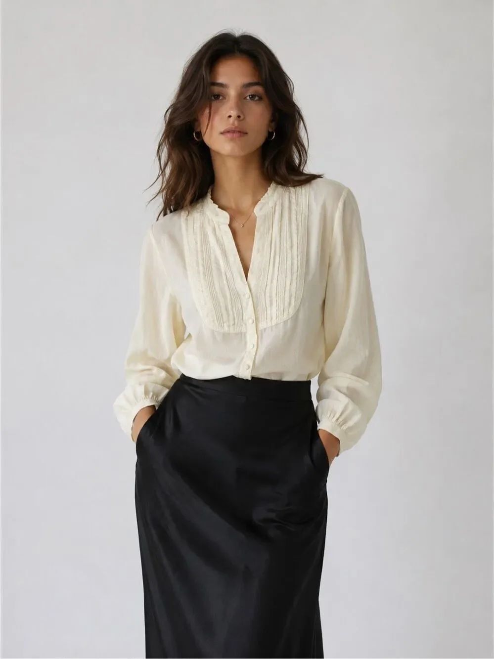 Rare H&M Cream Cotton Pintuck Lace Peasant Blouse Long Sleeve Size US 10 Boho